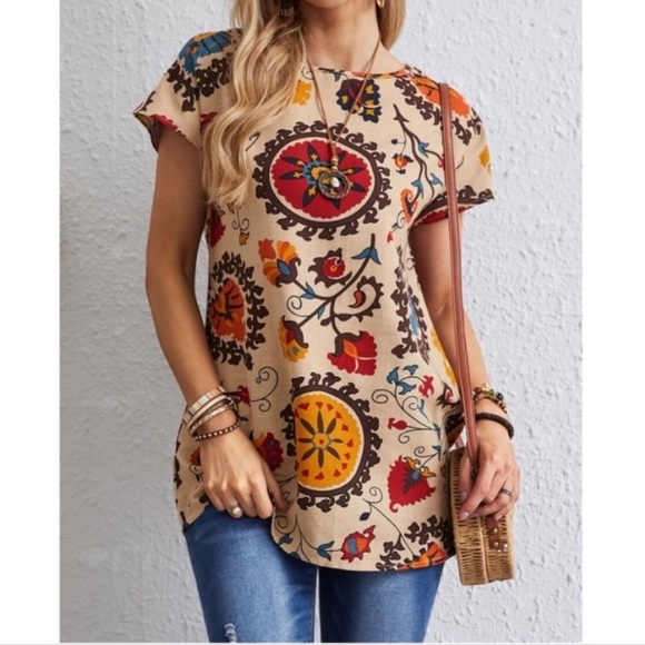 Tops - Boho Floral Print Short Sleeve Tunic Top